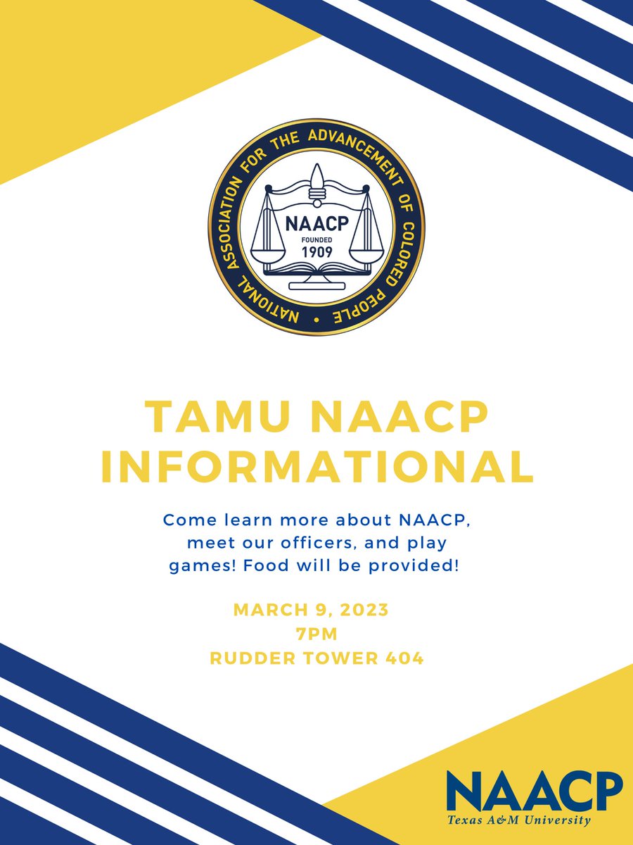 TAMU NAACP IS BACK❕Join us this Thursday, March 9th at 7pm in Rudder Tower 404 for food, games, &amp; to learn more about NAACP and how to be involved in our chapter. 💙💛