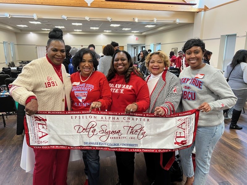 Chester(PA) Alumnae of Delta Sigma Theta Sorority,  Inc. at the March  chapter meeting: "Rep our College or University". <a href="/DelStateUniv/">Delaware State University</a> #dstcacpa #loveservicesisterhood1913