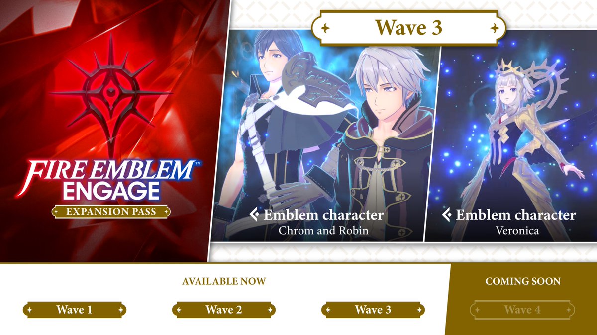 NintendoAmerica's tweet photo. Wave 3 of the #FireEmblem Engage Expansion Pass is out now! Add the following Emblems to your team:

🔵 Chrom and Robin, Emblem of Bonds
🔵 Veronica, Emblem of Heroes

https://t.co/SGZ7dGSbrB https://t.co/fCI2C0LARt