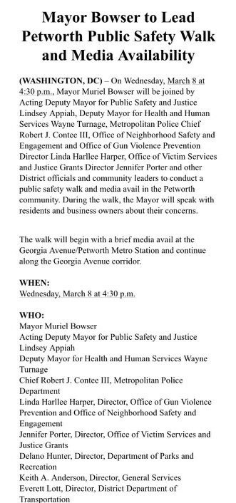 Join @MayorBowser @SafeDC and District leaders for a public safety walk tomorrow (3/8/2023) at 4:30pm at Petworth Metro!