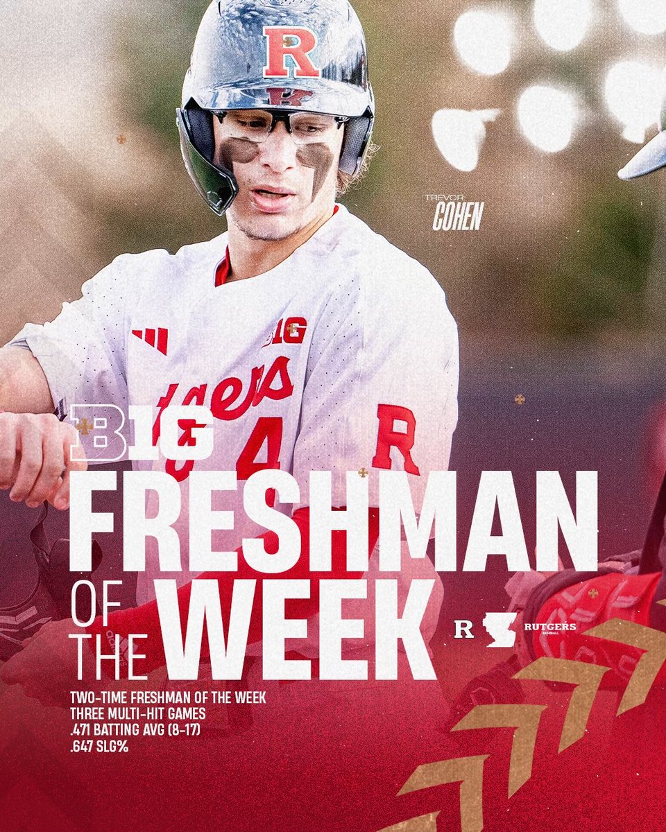 No surprise here: Trevor Cohen is once again your Big Ten Freshman of the Week!

- 3 multi-hit games out of 4
- Scored or drove in 12 runs 
- Leads the Big Ten with a .500 AVG

The best freshman in the Big Ten just doing what he does best 🤷‍♂️

➡️ go.rutgers.edu/CohenFOTW

#TCD