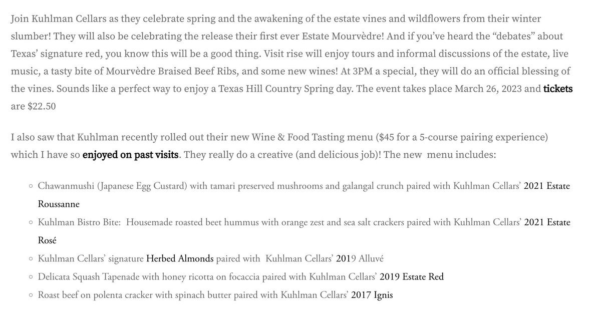 Kuhlman Estate (@kuhlmancellars) on Twitter photo Happy #WineWednesday! Thank you to <a href="/CorksConcierge/">Corkscrew Concierge</a> for featuring our Blessing of hte Vines event and new tasting menu in the March 2023 Texas Wine Roundup: thecorkscrewconcierge.com/2023/03/corksc… #wine #texaswine Happy #WineWednesday! Thank you to <a href="/CorksConcierge/">Corkscrew Concierge</a> for featuring our Blessing of hte Vines event and new tasting menu in the March 2023 Texas Wine Roundup: thecorkscrewconcierge.com/2023/03/corksc… #wine #texaswine
