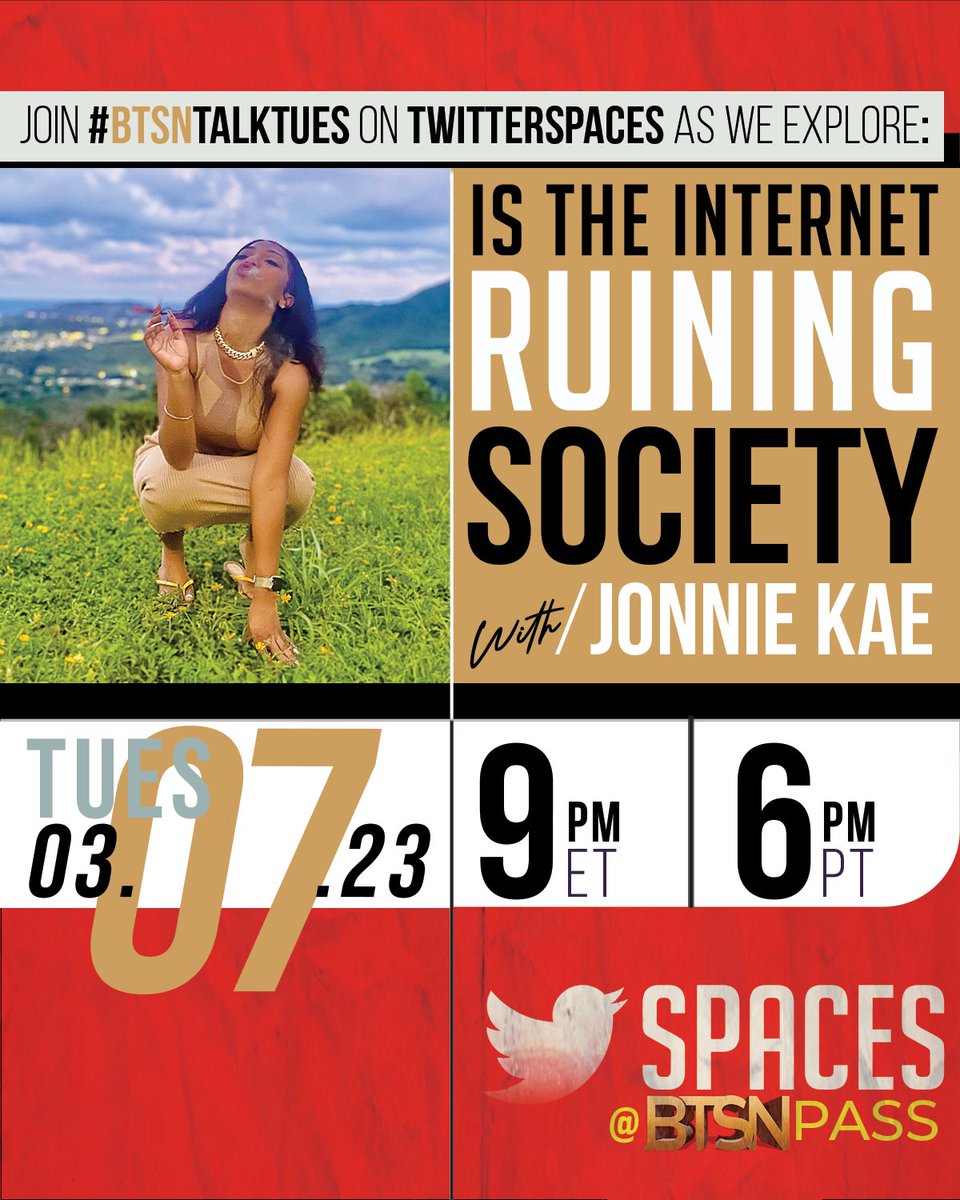 Join #BTSNTALKTUES as we explore the topic of, “Is the internet ruining society” with <a href="/JonnieKae/">JONNIE KAE</a> x.com/i/spaces/1BRJj…