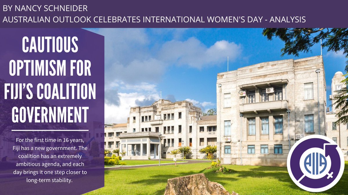 AIIANational's tweet photo. @KatherineKChen @yunjulietzhou @SixtaRinehart @ProfPaulaGerber @RikiLane @WideWhiteStage @AditiMukund @theidlethinker @crysmadrid "For the first time in 16 years, #Fiji has a new government. The coalition has an extremely ambitious agenda, and each day brings it one step closer to long-term stability." @nc_schneider writes for the Australian Outlook.
#IWD2023 https://t.co/VNnek96ZmA