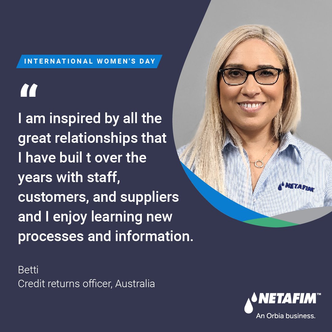 #InternationalWomensDay is the perfect time to celebrate the many women who are part of the Netafim family.

Thank you for all your hard work, dedication and commitment to spreading, educating and implementing precision irrigation around the world.

netafim.com.au