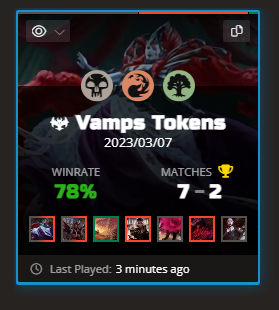 2º🏆 de Crimson Vow
Vampire Tokens 7-2

Será que foi apenas por pegar duas raras/míticas fortíssimas na cor? Pode ser...

#mtg #mtga #magicarena #magicthegathering