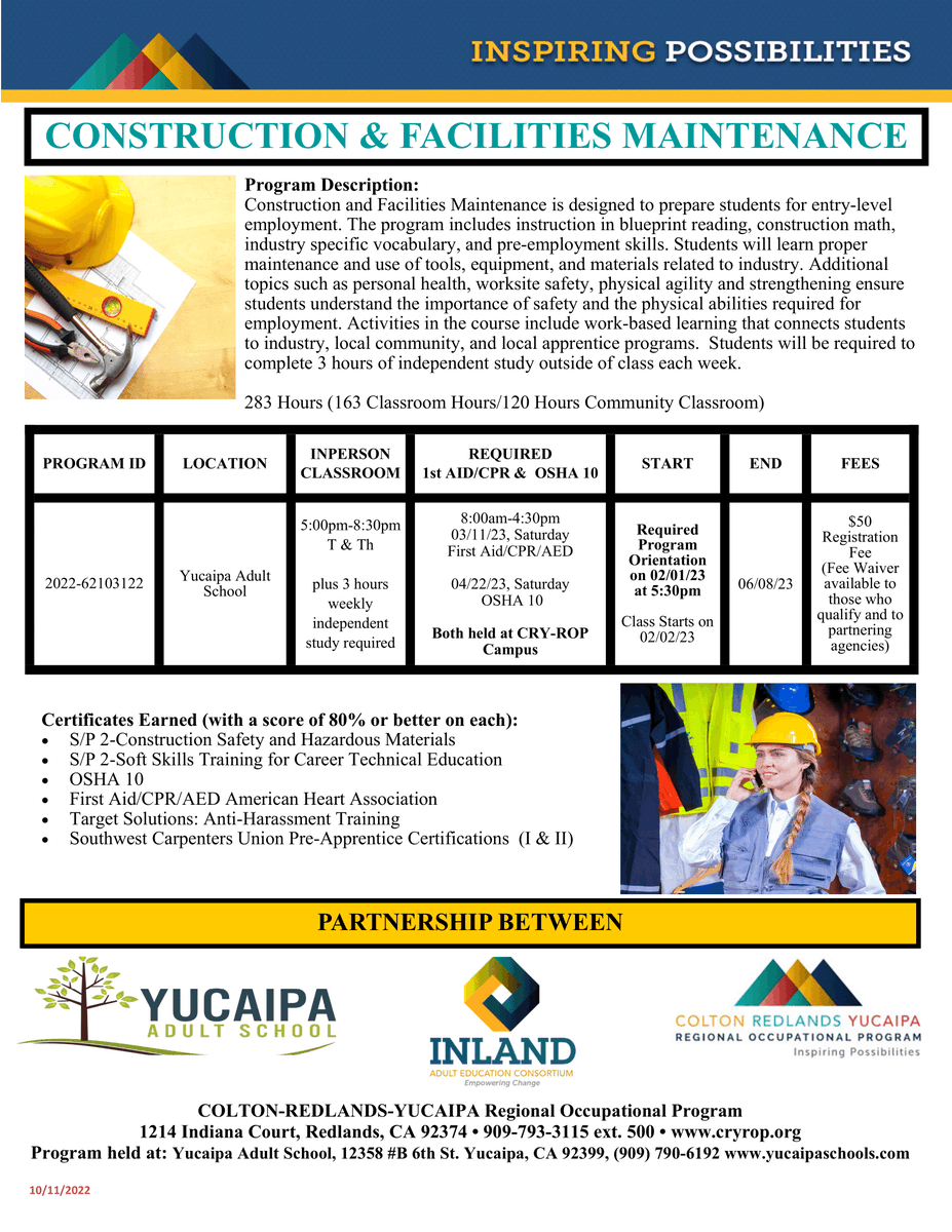 YucaipaAdult's tweet photo. Prepare for entry-level employment in the construction field. From learning to properly
use tools, equipment and materials to blue-print reading, construction math, industry
specific vocabulary and pre-employment skills. Class begins 3/14/23. 909-790-6192 https://t.co/wQdHGQDLYV