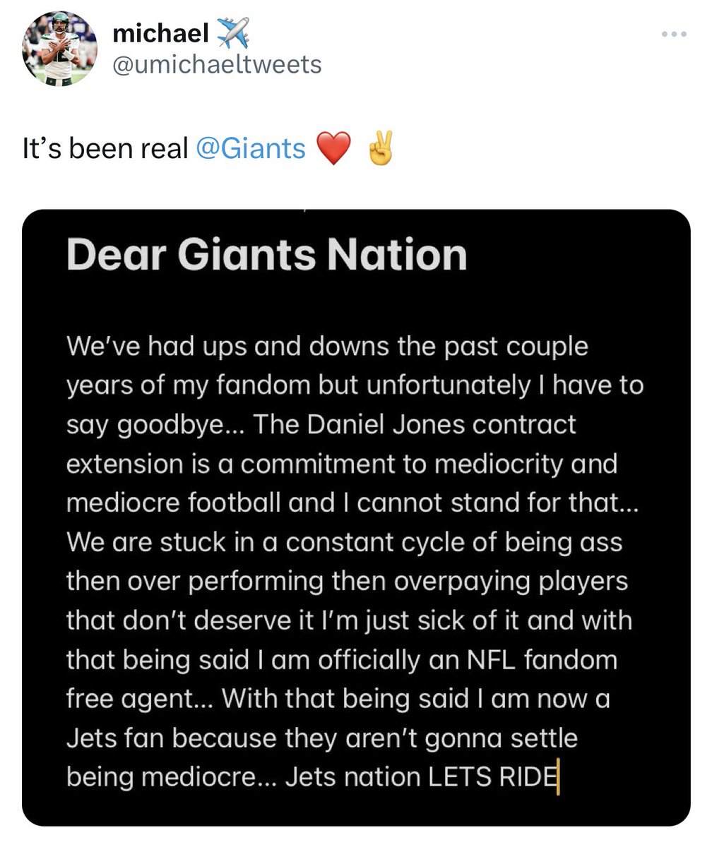 jasrifootball's tweet photo. This former #Giants fan has decided to become a #Jets fan after the Daniel Jones contract.

Changed his profile picture, header and everything. 

😂😂😂😂 https://t.co/lavuTO98Nh