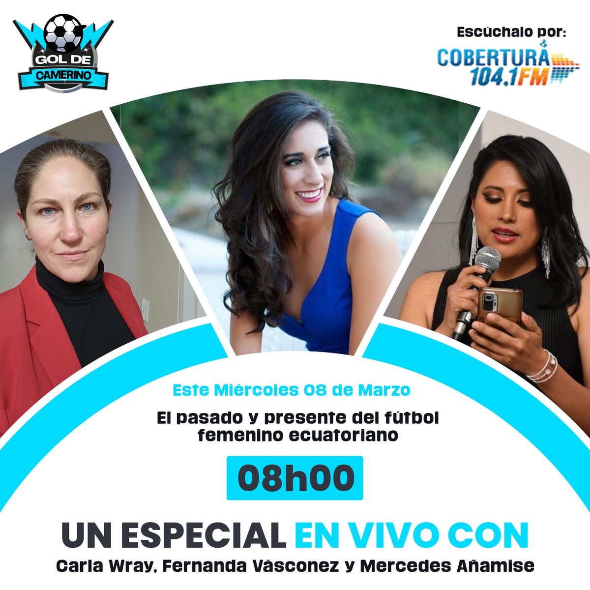 Este miércoles, 8h00 Gol de Camerino por  104.1FM Radio Cobertura presenta un especiali historia del fútbol femenino ecuatoriano.  Carla Wray <a href="/carlawray/">Carla Wray</a>, Fernanda Vasconez <a href="/ferv14/">Fernanda Vasconez</a> y Mercedes Añemise <a href="/meche_a14/">Mercedes Añamise</a> nos contarán  la lucha de las mujeres por su dignidad futbolera.