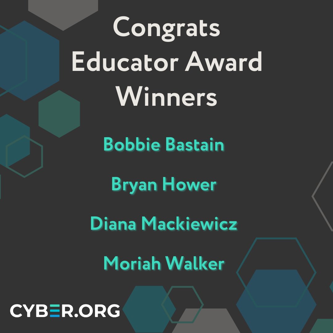 Big News!! Our Educator Awards Winners of 2023 are:
-Bobbie Bastain
-Bryan Hower
-Diana Mackiewicz
-Moriah Walker
Congrats! Come hear them speak at CYBER.ORG EdCon23! #EdCon23 #iamcyber bit.ly/EdCon23