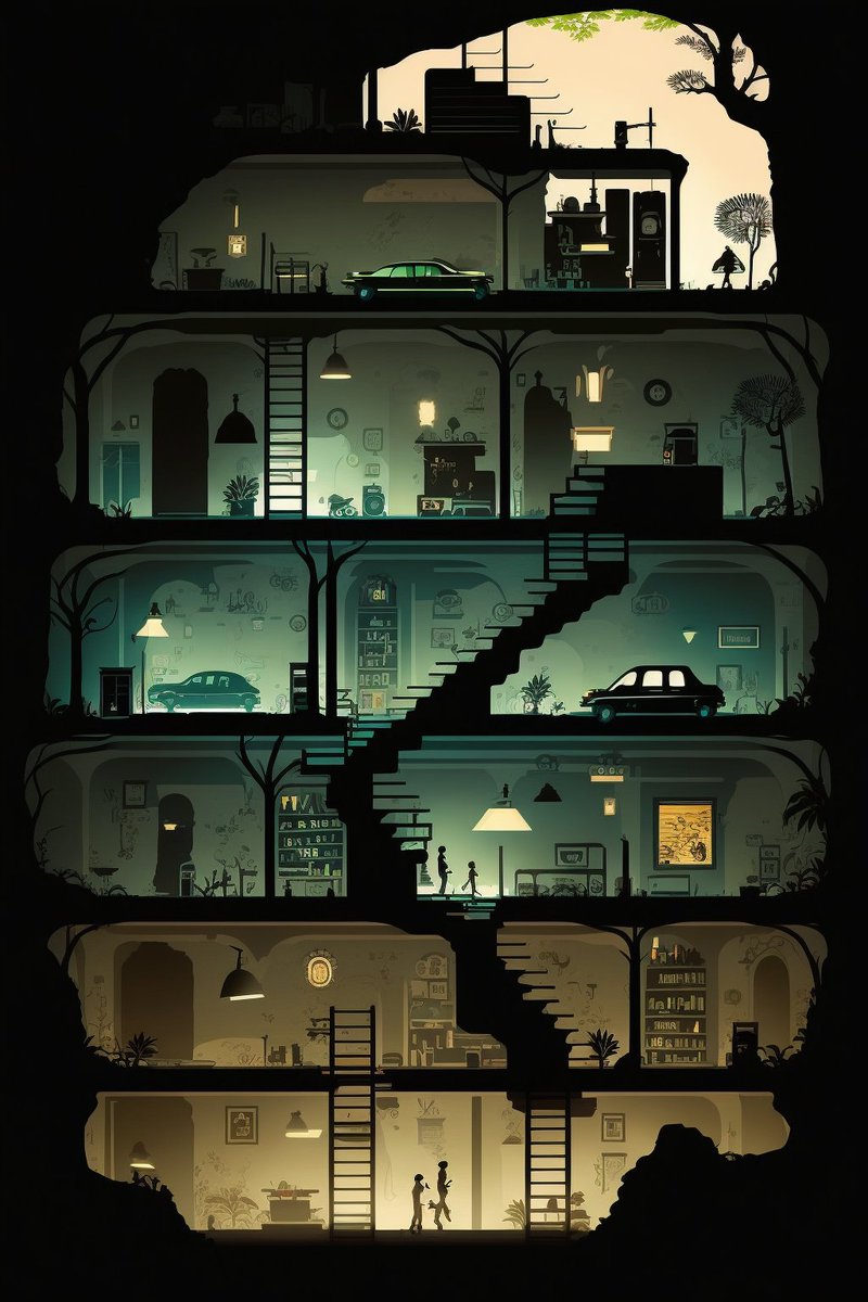 icreatelife's tweet photo. Generated some game levels with Midjourney (version 4). 

Feel free to play with it changing the word in square brackets. 

Share your creations with me. 

Prompt: platform game level design cross section with multiple rooms, [underground], simple, naive, silhouette --no text --v 4 --ar 2:3