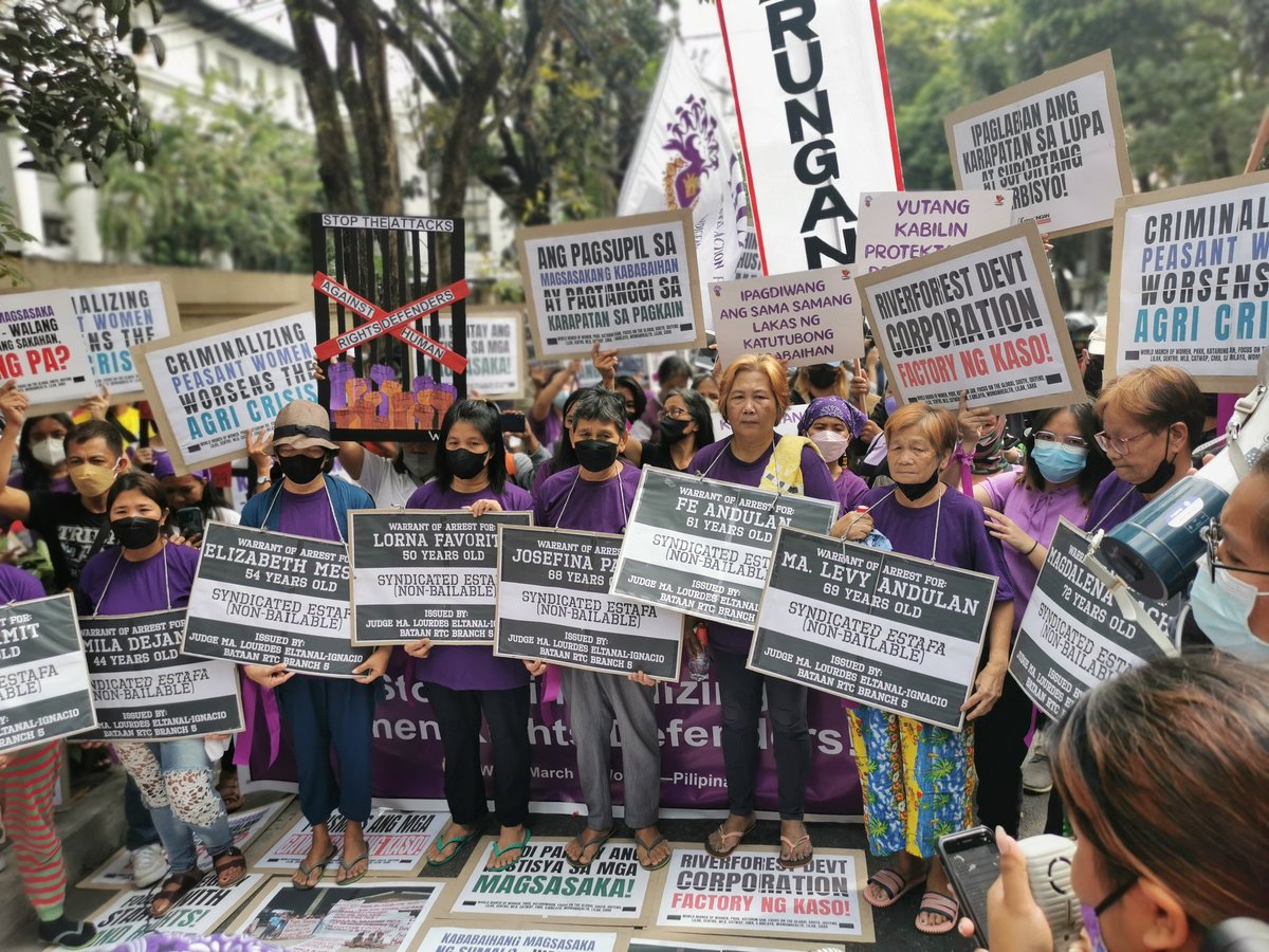 adrianayalin's tweet photo. LOOK: 8 women farmers of Bgy. Sumalo, Hermosa, Bataan and other activist groups hold a Women's Day rally in front of the DOJ in Manila. Fighting for their land, the farmers are facing non-bailable syndicated estafa charges which they say are baseless. https://t.co/7fvqxPS7Xt