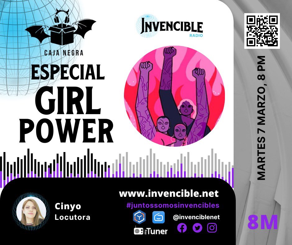 Invenciblenet's tweet photo. Conéctate ahora 🌐https://t.co/Ly7r9eXcuV que está sonando @negracajaradio con #cinyo🎙️especial #girlpower mujeres de la escena dark 🦇🎸
Martes 8pm #envivo #RumboAl8M
#invencibleradio 💜
#juntassomosinvencibles https://t.co/SnPCXMrirX