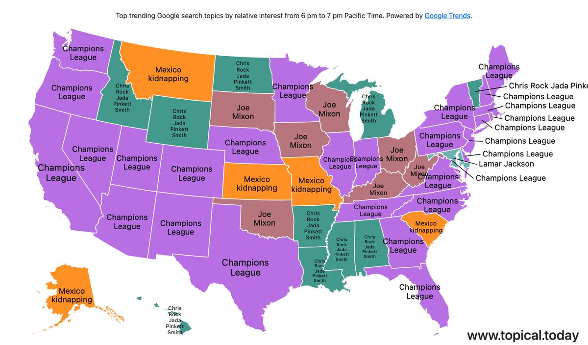 TopicalMaps's tweet image. Top Google Trends in the United States by relative interest in each state over the last hour. 

#ChampionsLeague #JoeMixon #Mexicokidnapping #LamarJackson #ChrisRockJadaPinkettSmith 

Live map at topical.today/countries/us