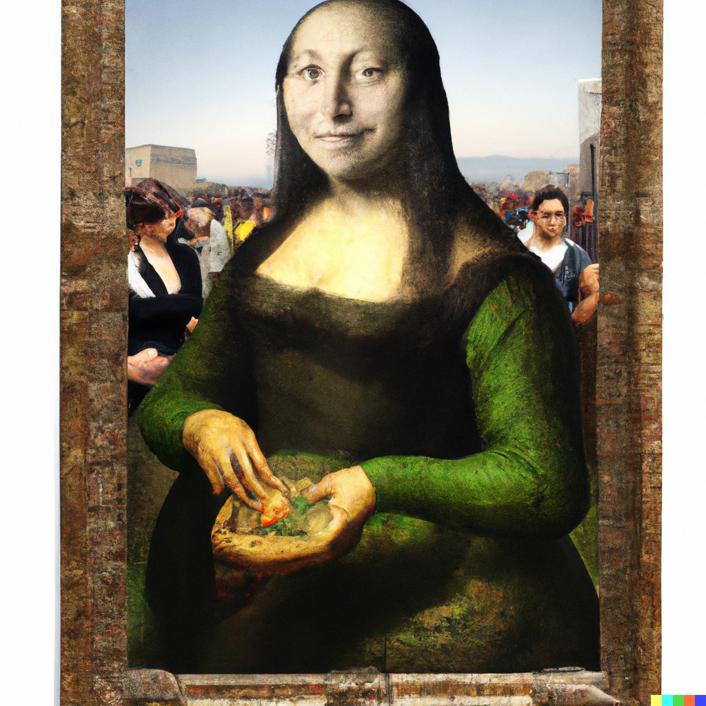 DALL-E, show me mona lisa eating dumplings 💅🥟
