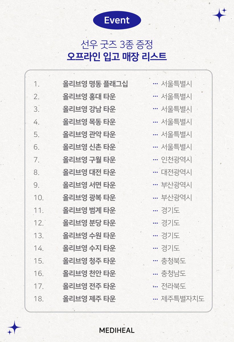 메디힐 X 선우 굿즈 이벤트🦝
　
더비님들을 위한 첫번째 굿즈 오픈📣
포토카드+엽서 +아크릴키링까지
3종 세트로 준비했어요 (귀여움 주의❗)
　
🪄 3/10(금)~ *소진 시 종료
🪄 올리브영 오프라인 일부 매장 (매장 리스트 확인 필수!)
🔗 goo.gl/maps/GgfwuL3Fz…
　
#메디힐 #더보이즈 #선우