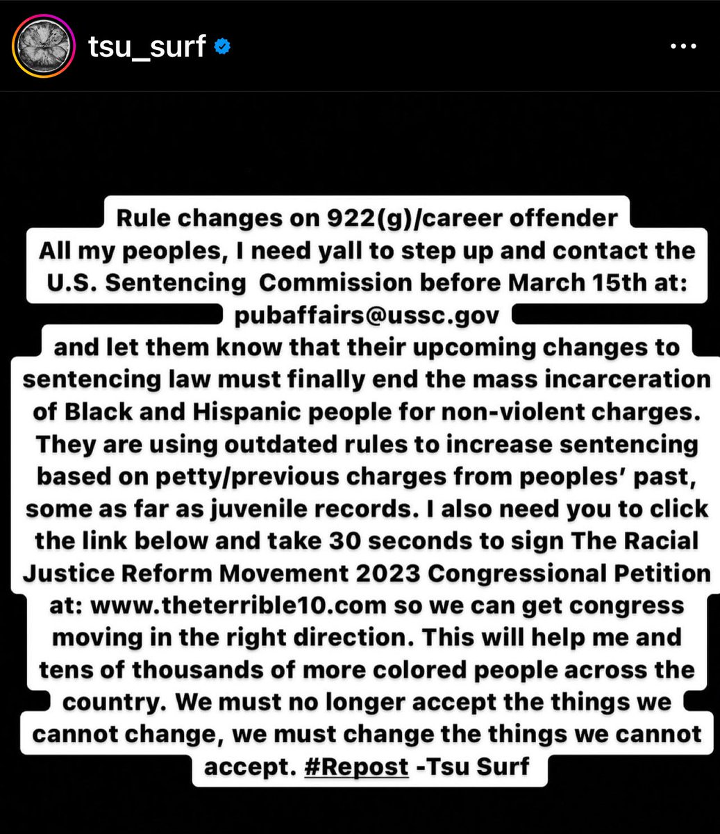 💋 (@queenieb111) on Twitter photo Click the link below and sign the petition BEFORE 3/15.
theterrible10.com
Email: pubaffairs@ussc.gov
#FreeTsuSurf Click the link below and sign the petition BEFORE 3/15.
theterrible10.com
Email: pubaffairs@ussc.gov
#FreeTsuSurf