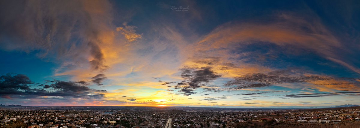 Drone panorama of this particular evening 's sunset as observed out of the west side of El Paso (03.07.23). Will most likely require a click to exhibit fully. #Drone #djimini3pro #epwx #ElPaso #Texas #Sunset #Clouds #PanoPhotos #StormHour MonicaKTSM NWSElP