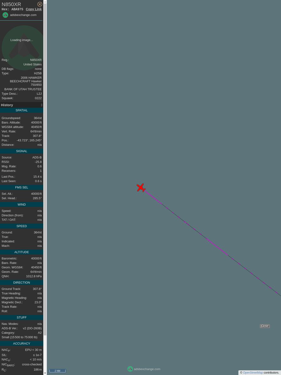 aboveivc's tweet image. ICAO: ABA975
Flt: N850XR #BANKOFUTAH #SYD-#MEB
First seen: 2023/03/08 14:41:31
Min Alt: 10800 ft MSL
Min Dist: 81.39 nm

#Invercargill #planefence #adsb - docker:kx1t/planefence
globe.adsbexchange.com/?icao=aba975