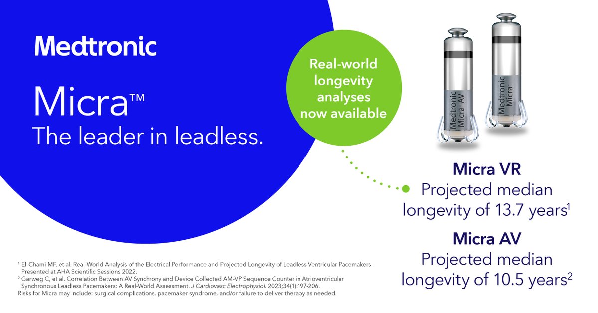 Real-world battery longevity data is now available for Micra™ leadless pacemakers. 
Learn more about 13.7 years for Micra VR:
bit.ly/3La0stX
Learn more about 10.5 years for Micra AV:
bit.ly/3YoZ1ul 

For important safety info: bit.ly/3YvI3uy