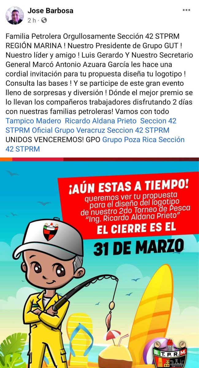 BarbosaEsqueda's tweet photo. @lgps03101 @Seccion42_STPRM @G_TampicoMadero  @MarcoAzuara1 @cocofish1 gracias por permitir a nuestra familia patrolera participar en esta gran fiesta tradicional ! Considerado las propuestas para la elaboración del logotipo de nuestro torneo tradicional de pesca ! https://t.co/zzBe4tJaIy
