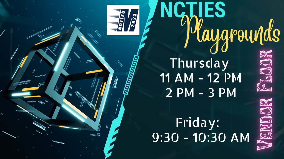 Don't forget to check out the Incredible Playgrounds at #ncties23 - We have some awesome, direct, hands-on things for you to learn.  Check out the sched app at ncties2023.sched.com to learn more #nced #ncbold #nccoach #nctfs #nciste