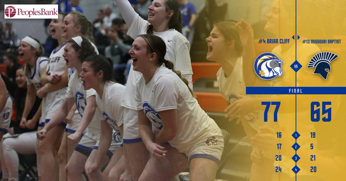 FINAL | <a href="/BriarCliffWBB/">Briar Cliff WBB</a> 77, Missouri Baptist 65

The Chargers advance to the second round and will face Indiana Tech at 5:00 p.m. CT/6:00 ET tomorrow❗️

#BattleOn #NAIAWBB