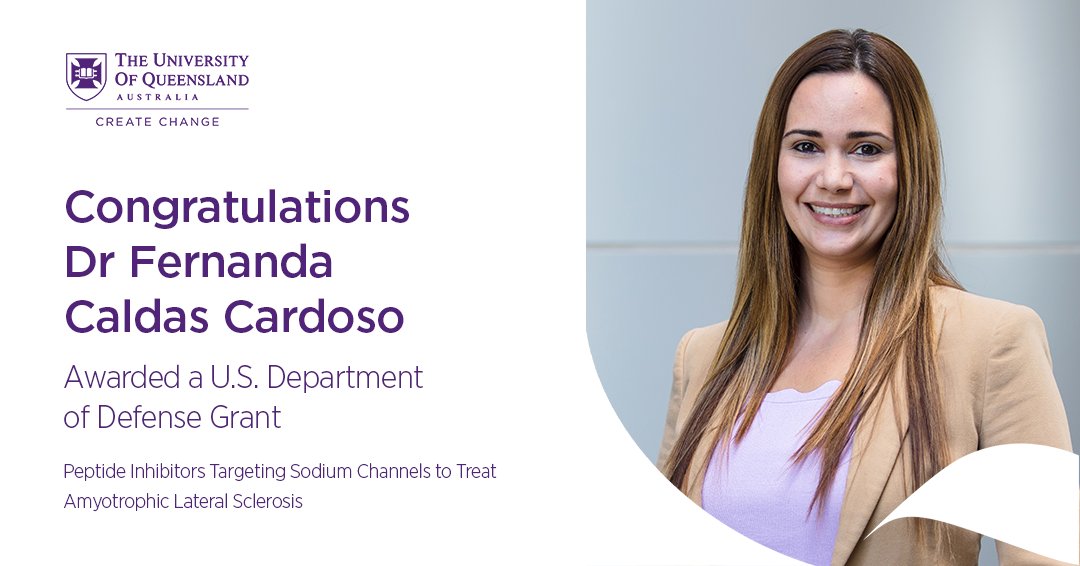 Institute for Molecular Bioscience (@imbatuq) on Twitter photo Congratulations to Dr Fernanda Caldas Cardoso (<a href="/DrFeCardoso/">Fernanda Cardoso</a>) who has been awarded a <a href="/DeptofDefense/">Department of Defense 🇺🇸</a> Amyotrophic Lateral Sclerosis Research Program Grant (Award: HT9425-23-1-0146) for the project 'Peptide Inhibitors Targeting Sodium Channels to Treat Amyotrophic Lateral Sclerosis'. Congratulations to Dr Fernanda Caldas Cardoso (<a href="/DrFeCardoso/">Fernanda Cardoso</a>) who has been awarded a <a href="/DeptofDefense/">Department of Defense 🇺🇸</a> Amyotrophic Lateral Sclerosis Research Program Grant (Award: HT9425-23-1-0146) for the project 'Peptide Inhibitors Targeting Sodium Channels to Treat Amyotrophic Lateral Sclerosis'.