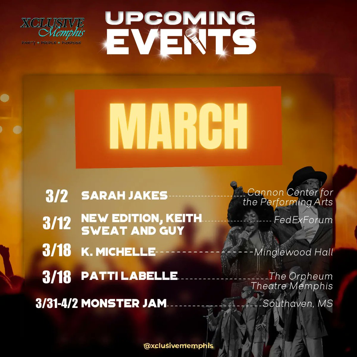 xclusivememphis's tweet photo. Update your calendars for March.
Don't see your event listed....
DM for information on promoting your upcoming event, showcase, seminar and more.
#Memphis #MemphisEvents #MemphisAmbassador #MemphisBlogger #MemphisNetworking #VisitMemphis #MemphisVibes #MemphisEventMarketing https://t.co/f2e5KKPsSg