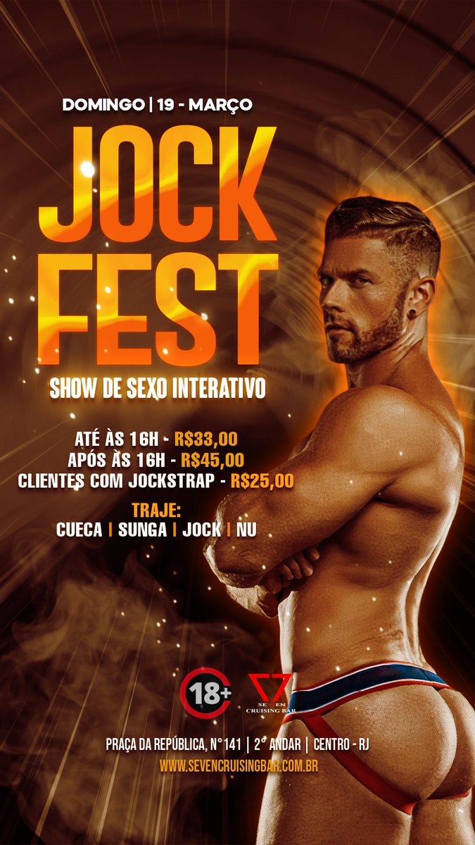 SEVENMENBR's tweet photo. 19/03 - Domingo
#JockFest
Show de sexo ao vivo interativo
Até às 16h R$ 33,00. Após às 16h 45,00
Clientes com jockstrap 25,00 🔶️
Traje: Cueca, sunga, jockstraps ou nu.
https://t.co/K9x1ZSkR6t https://t.co/OXhEw7EHlR