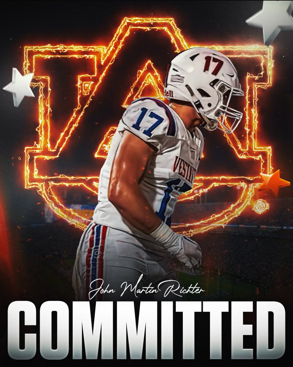 jmrichter1's tweet photo. Excited to announce my commitment to Auburn University. @AuburnFootball @CoachHughFreeze @CoachRonRoberts @BrendtBedsole @AkMogulla @1rebelfootball @RecruitTheHills @AL7AFootball https://t.co/CqNuET9g1l