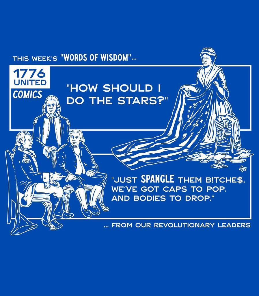 Accurate. No.
Funny. Yes.

Our comic inspired line adds history and humor together.

#76united #betsyross #betsyrossflag #starspangledbanner #saveamerica