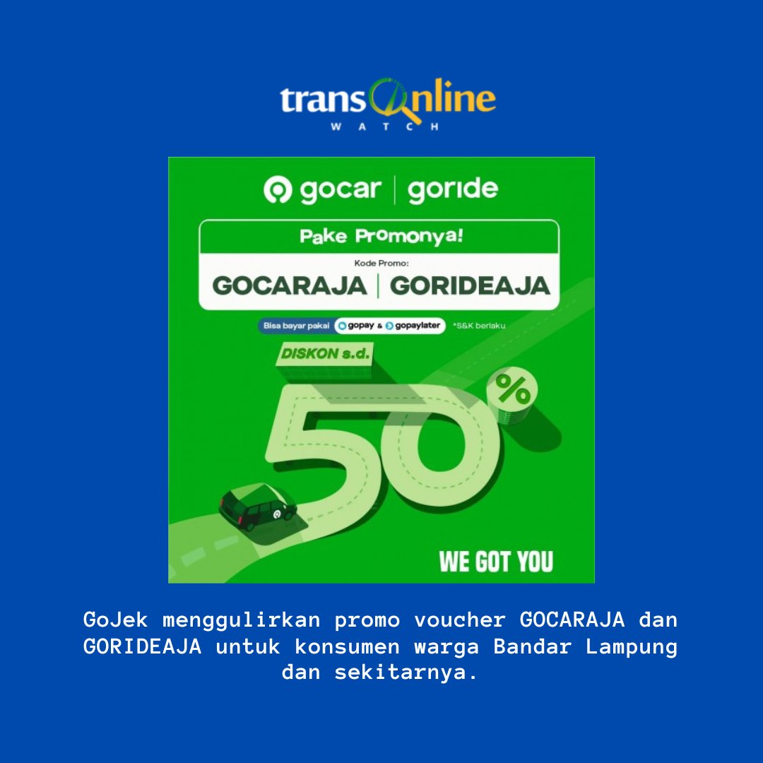 Gojek Hadirkan Promo untuk Pelanggan di Bandar Lampung, Diskon Sampai 50% 

transonlinewatch.com/gojek-hadirkan… lewat <a href="/transonlinecom/">transonlinewatchcom</a>