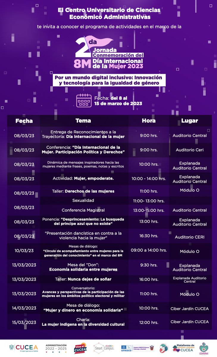 CUCEA_OFICIAL's tweet photo. Atención #ComunidadCUCEA:

¡Mañana inicia la Jornada de Conmemoración del Día Internacional de la Mujer 2023! 

No te pierdas todas las actividades que preparamos para ti 👇 https://t.co/uNXm9lBXDP