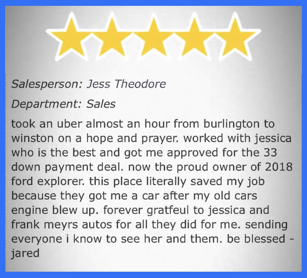 Another 5-Star review! THANK YOU. We’re humbled and grateful. 🙏 

#frankmyersauto #winstonsalem #kernersville #highpoint #mtairy #pilotmtn #greensboro #burlington