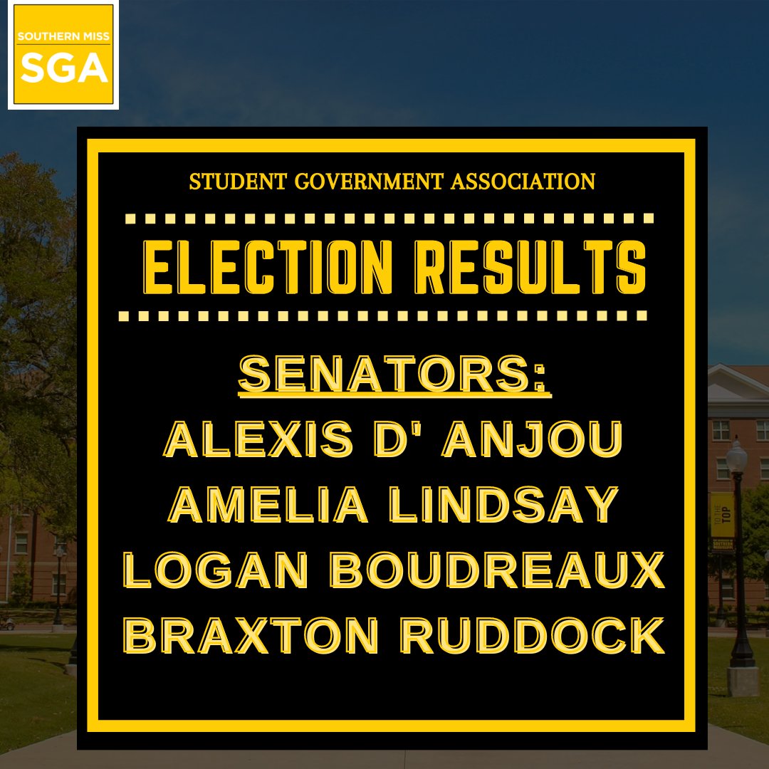 Congratulations to the newly elected Executive Council and Senators! 

Thank you to everyone who contributed to this election.

#SGATTT #ElectionResults
