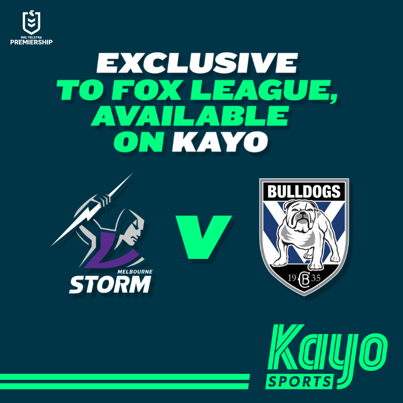 kayosports's tweet photo. 🏉 Storm v Bulldogs Sat 11th 7:35PM AEDT
📺 Exclusive to Fox League, on Kayo
👉 New to Kayo? Start Your Free Trial