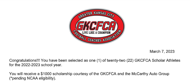 Congrats to <a href="/Xander_0312/">Xander</a> 1 of 22 <a href="/gkcfca/">@GKCFCA</a> Scholar Athletes.  Thank you to <a href="/McCarthy_Auto/">McCarthy Auto Group</a> for making this possible.