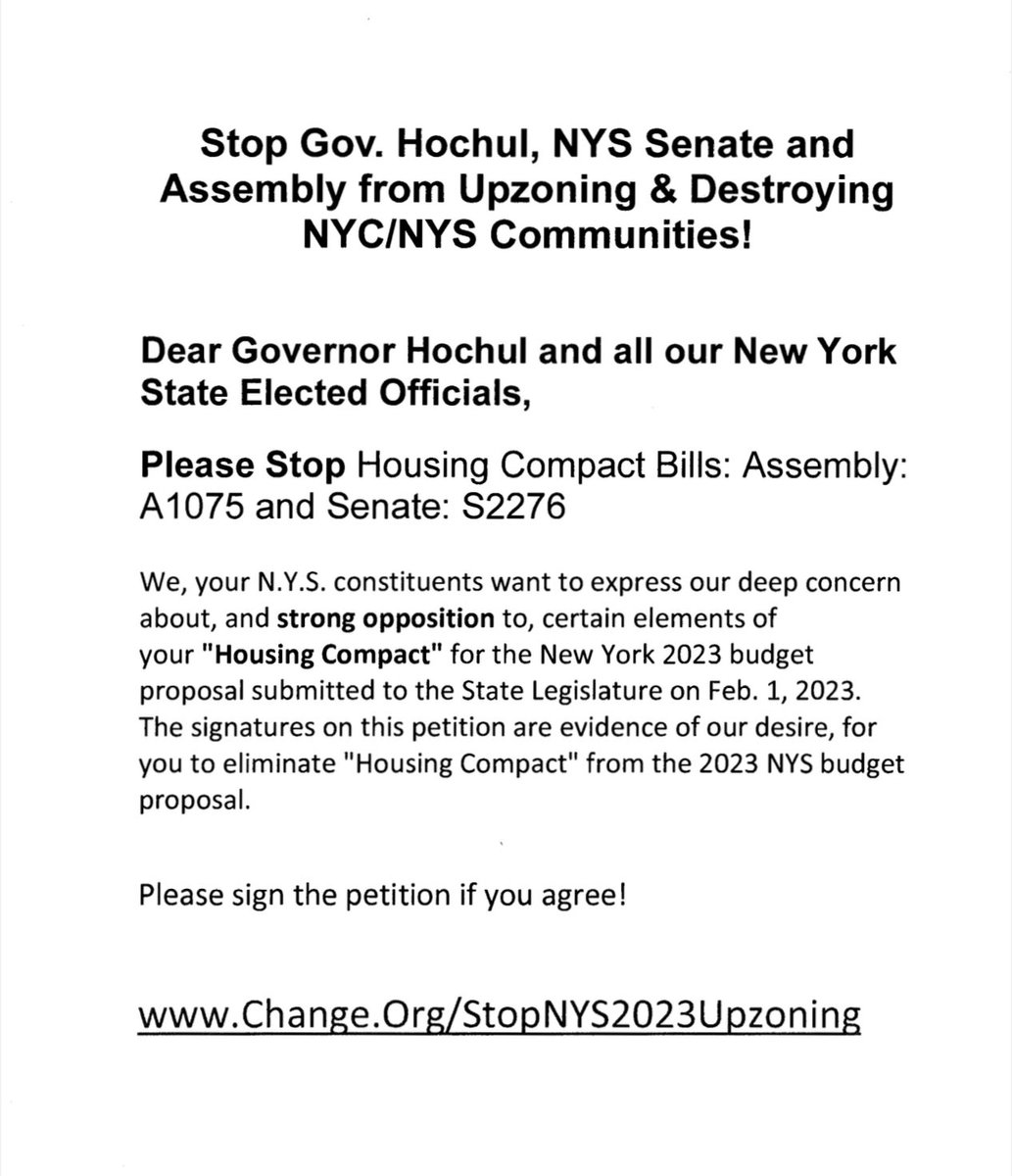 Dear Governor Hochul and all our New York State Elected Officials, Please Stop Housing Compact Bills: Assembly: A1075 and Senate: 82276 'Housing Compact' for the New York 2023 budget proposal submitted to the State Legislature on Feb. 1, 2023.