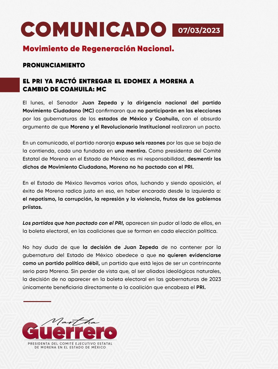 _MarthaGuerrero's tweet photo. Como presidenta del Comité Estatal de #Morena en el #EdoMéx, es mi responsabilidad desmentir las razones que Movimiento Ciudadano expresó al comunicar que no participarán en las elecciones por las gubernaturas de los estados de México y Coahuila.
¡Morena no ha pactado con el PRI! https://t.co/dZc9Mjemig
