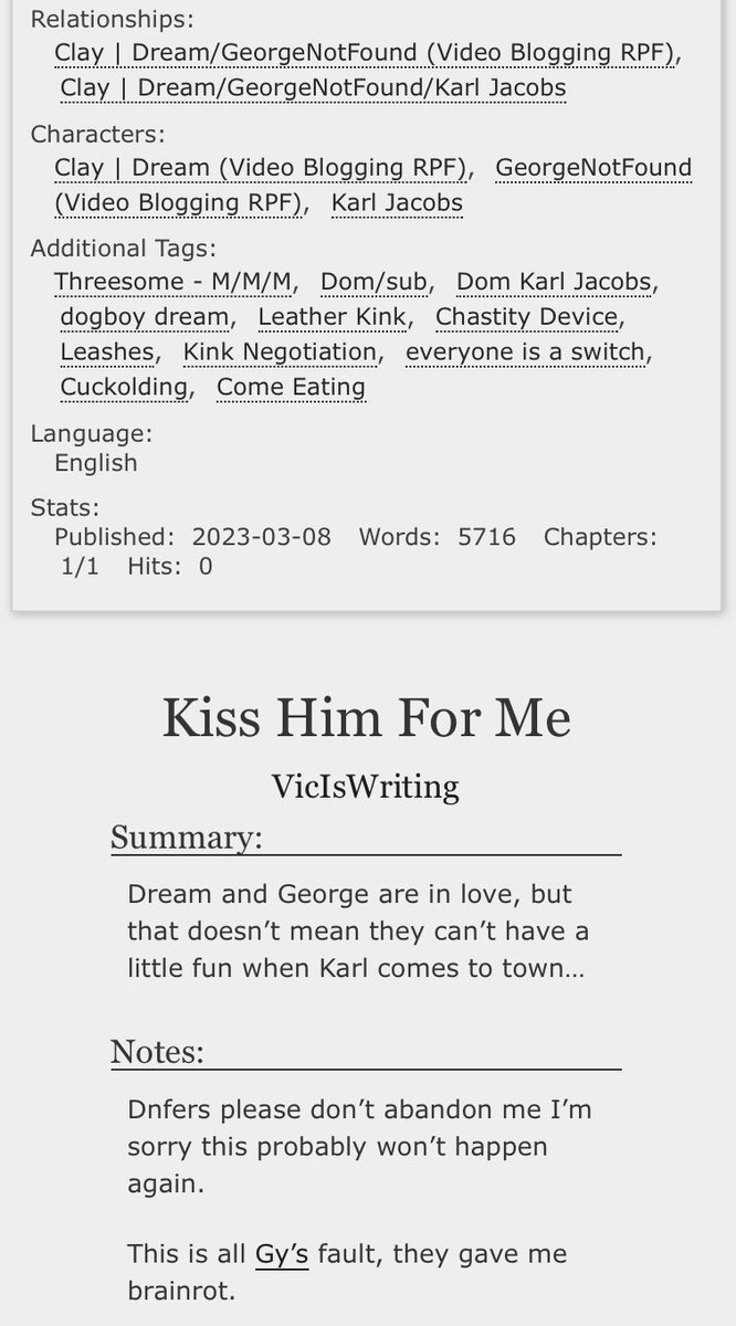 vicstweeting's tweet photo. // NSFW 

Kiss Him For Me

Rating: Explicit
Words: 5k
Link: https://t.co/55ScfSBmkT

A little bit of DNF + Karl because @bloodyknees2 gave me KNF brainrot. 

Lots of kink and spice, there really is no plot I’m so sorry… https://t.co/0gcZRQjKAm