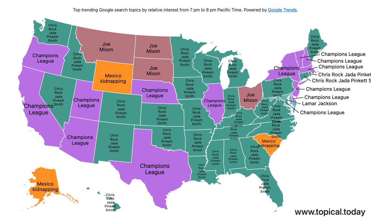 TopicalMaps's tweet image. Top Google Trends in the United States by relative interest in each state over the last hour. 

#ChampionsLeague #JoeMixon #Mexicokidnapping #LamarJackson #ChrisRockJadaPinkettSmith 

Live map at topical.today/countries/us
