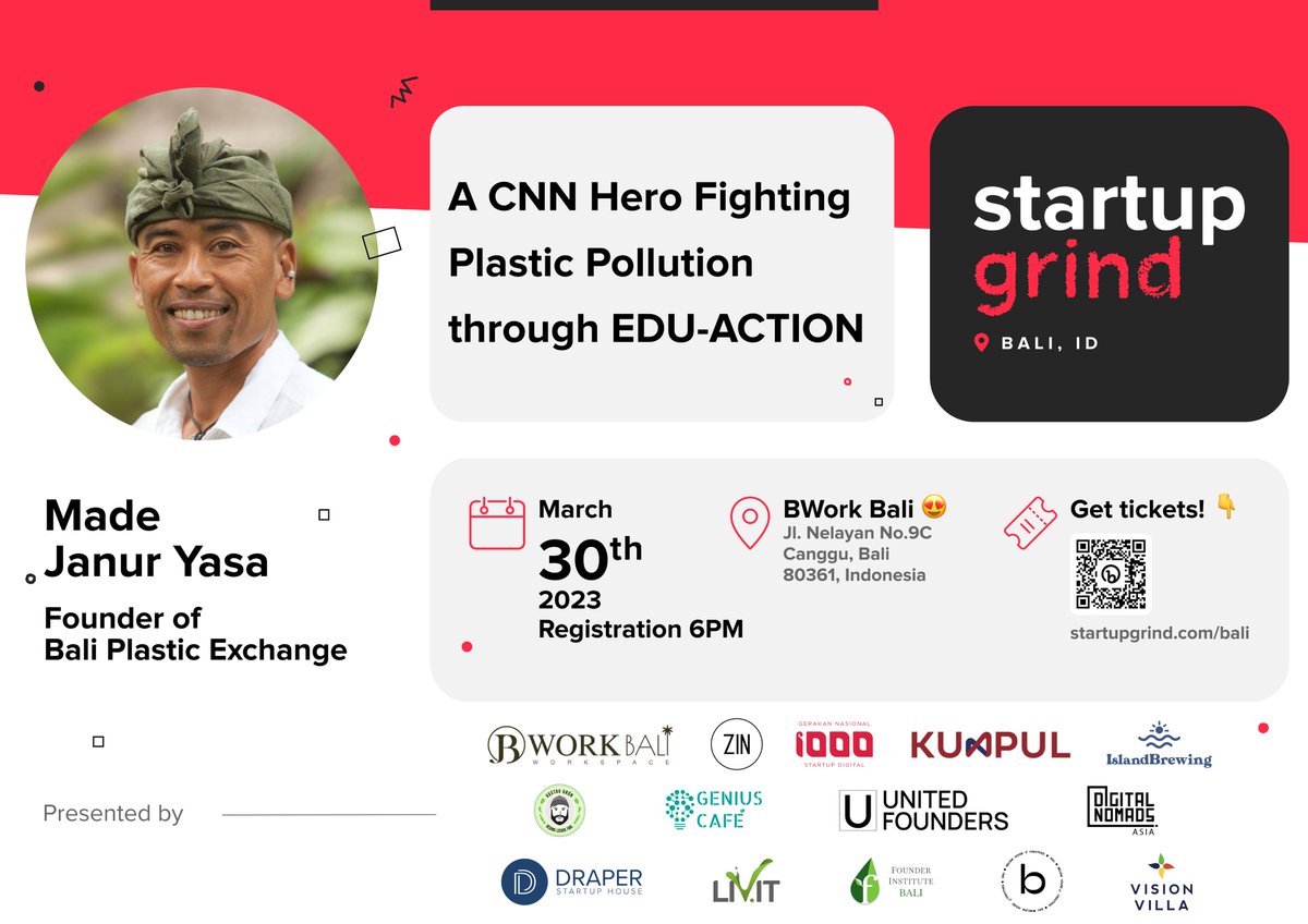 SGrindBali's tweet photo. Join us at SG Bali on March 30th! 📅 Learn from #CNN Hero & #Founder of #PlasticExchange - Made Janur Yasa on building impactful #business & #community! ✨
➡️ https://t.co/l8JqUPvCVp
#startupgrindbali #tech #entrepreneurship #Bali #Sustainability #sustainable #PlasticPollution https://t.co/IvBcDLxZWb