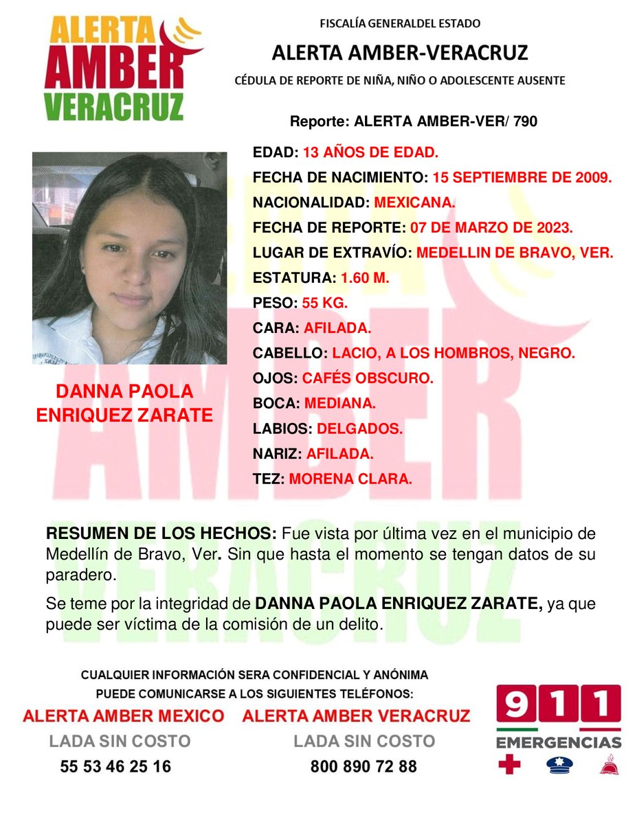 alcalorpolitico's tweet photo. #AlertaAmber 🚨| Se solicita de su colaboración para la búsqueda de Danna Paola Enríquez Zarate de 13 años de edad, quien fue vista por última vez en #MedellínDeBravo. Se teme por su integridad.
#ChécaloEnAlCalor https://t.co/Srl3KQ7kSw