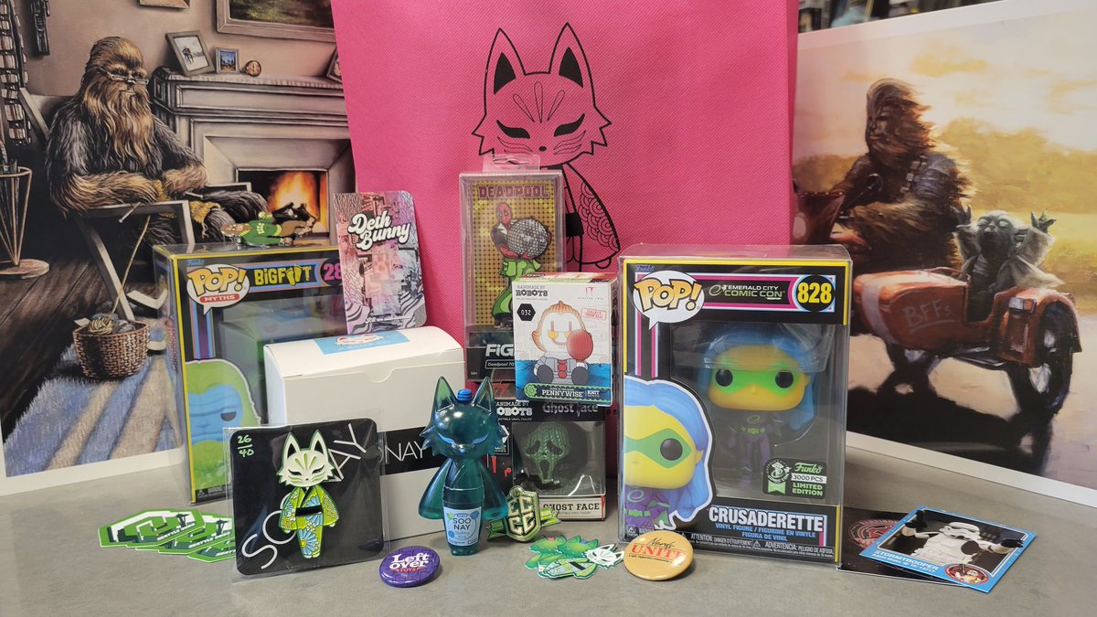 Chewie_Hawk's tweet photo. Some of the great swag I picked up over the #ECCC23 weekend!  Had a great time and even better company - thank you, @misty21, for letting me tag along! 
#Soonay #Crusaderette #Scream    #NerdsUnite #chewbacca #dethbunny #bigfoot https://t.co/sxNnFrTEm0