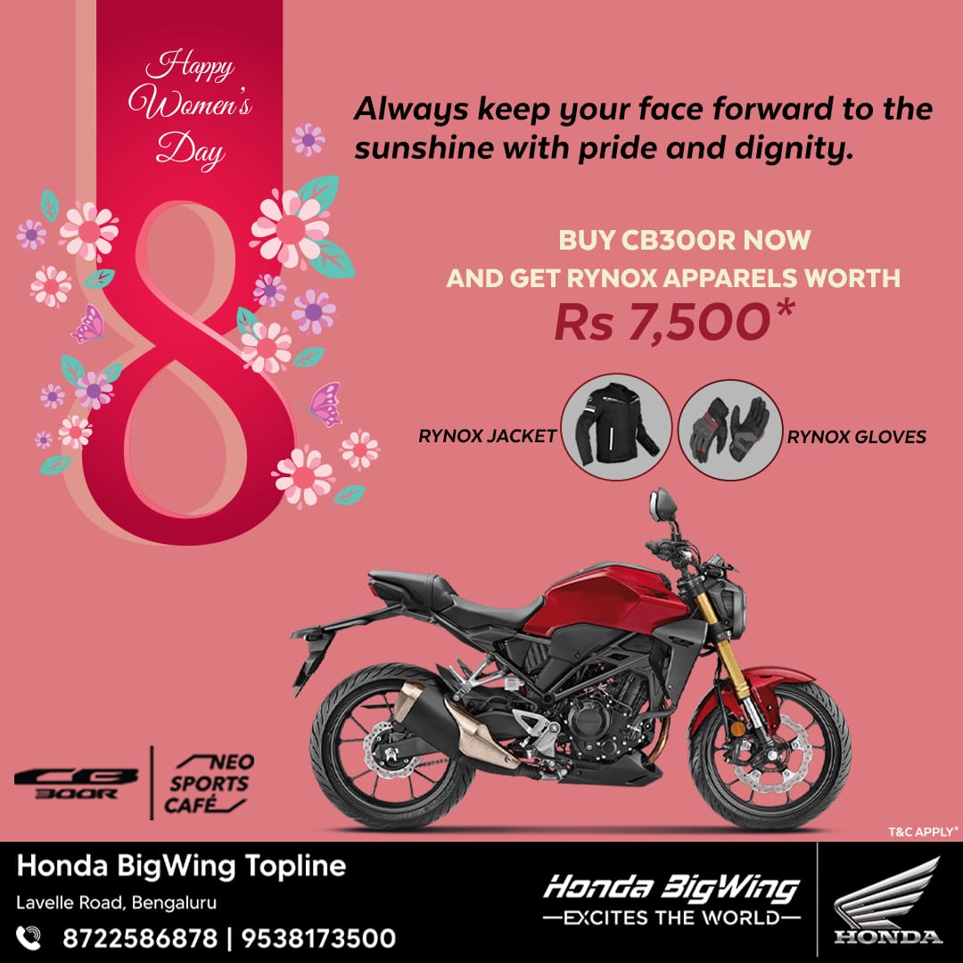 Here's to strong women: may we know them, may we be them, may we raise them. Happy International Women's Day!
Rev up your style with CB300R and gear up with Rynox! Buy now and get Rynox apparels worth Rs. 7500*.
✅Rynox Jacket
✅Rynox Gloves
Book Now!!