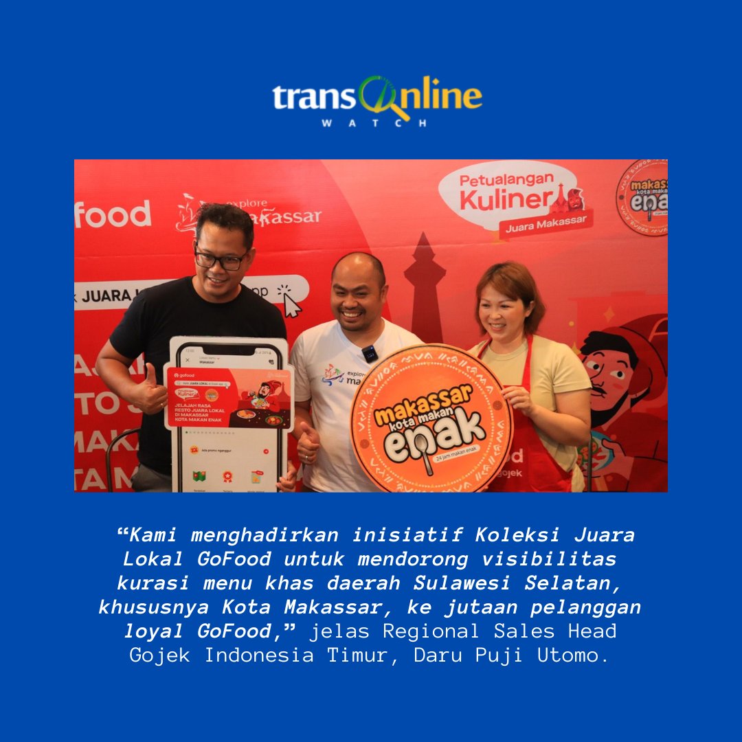 Dukung UMKM Kuliner Makassar, Gojek Hadirkan Inisiatif Koleksi Juara Lokal GoFood 

transonlinewatch.com/dukung-umkm-ku… lewat <a href="/transonlinecom/">transonlinewatchcom</a>