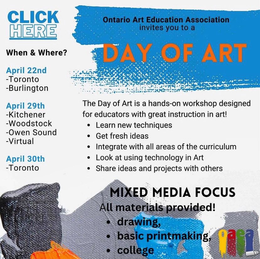 #DayofArt23 is proud to announce our new sponsor for this event @GelliArts ! Thank you for providing a class kit at each venue this April in 6 different cities around the province! Join us to learn about #mixedmedia! @canartteach @msdoleman @JvanEnckevort @mkleinschuck