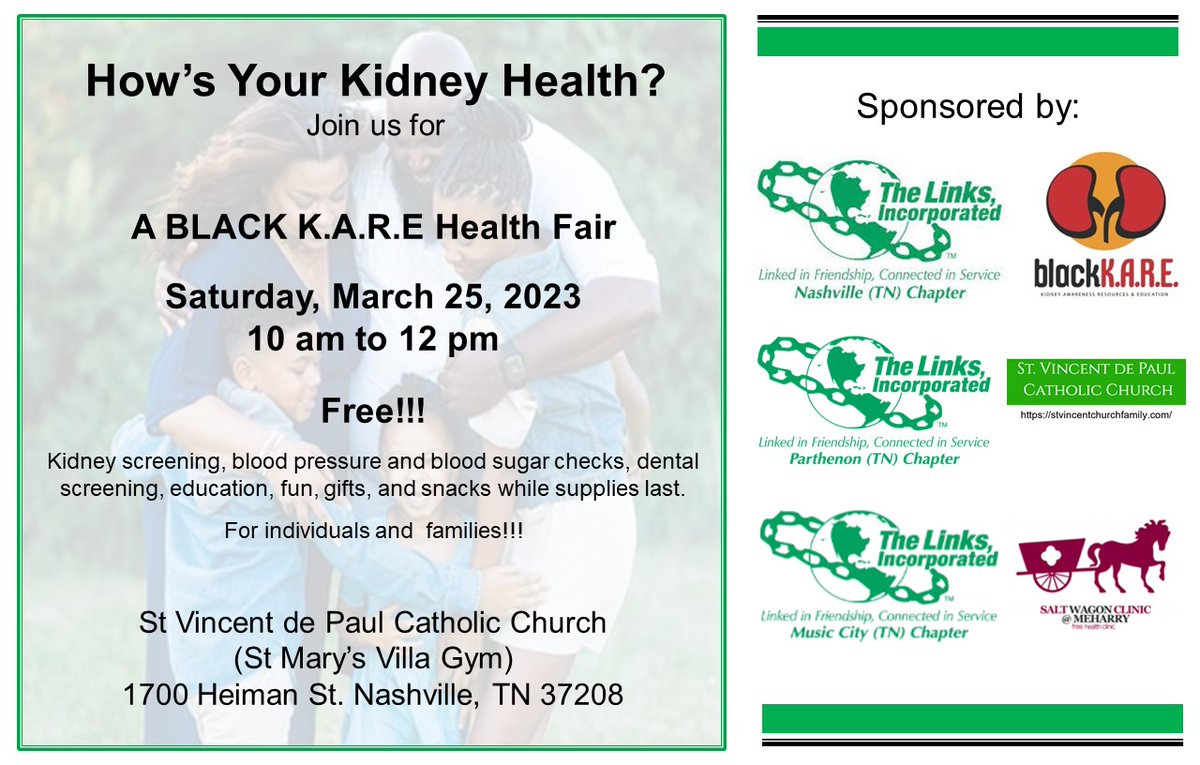 March is National Kidney Month.  Celebrate by learning ways to improve your kidney health!  Join us at the Black K.A.R.E. Health Fair on Saturday, March 25, 2023, at St. Vincent de Paul Catholic Church from 10 am – 12 pm.  Admission is FREE!  #BlackKARE #CALinks