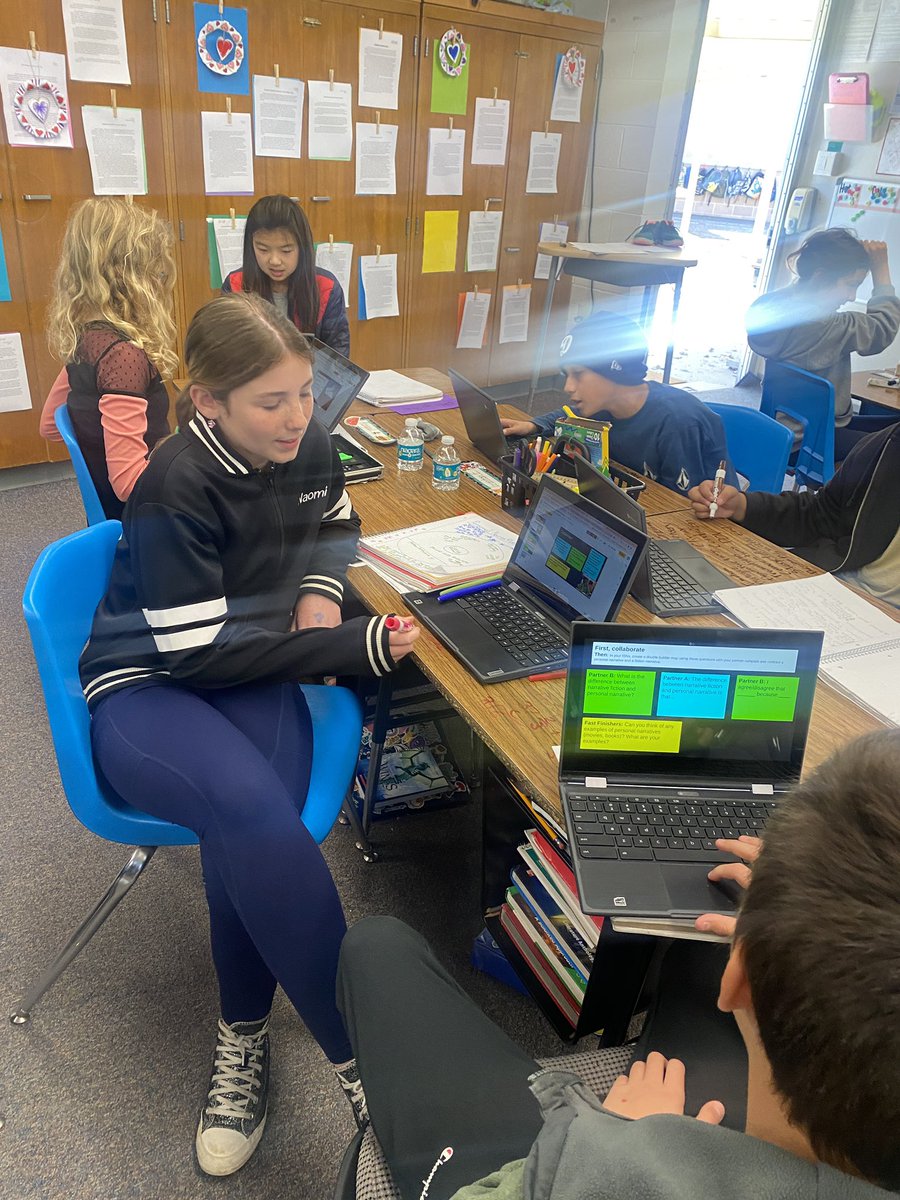 MrsSully74's tweet photo. Writing doesn’t have to be done or taught in solitude. Our introduction to personal narrative today was collaborative and engaging! I love to see them hooked into the lesson! #LMUSD #6thgraderocks https://t.co/UAs7QbHaEK
